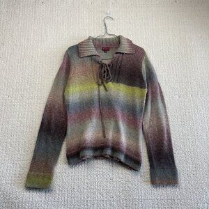 Y2K Lace Up Knit Sweater Boho Gradient Boho Indie Tie Front Festival Earthy Sz L